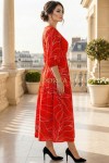 Rochie masuri mari Latisha din satin rosu imprimat, maneci bufante si cordon