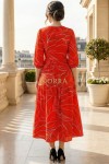 Rochie masuri mari Latisha din satin rosu imprimat, maneci bufante si cordon
