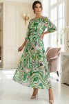 Rochie masuri mari Latisha din satin verde imprimat, maneci bufante si cordon