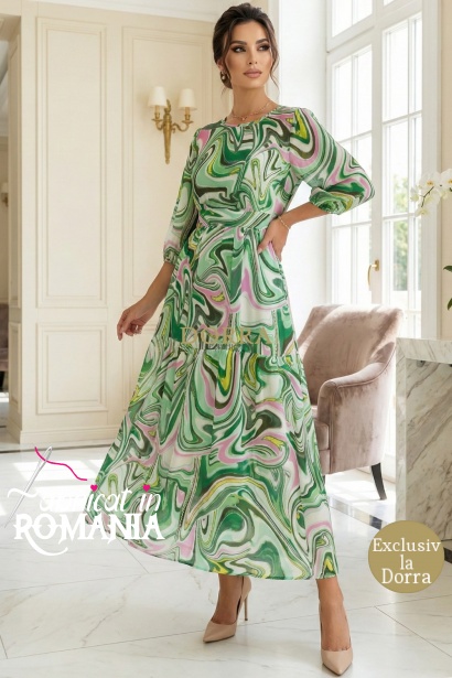 Rochie masuri mari Latisha din satin verde imprimat, maneci bufante si cordon