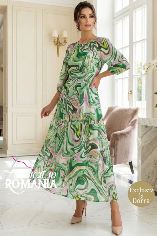 Rochie masuri mari Latisha din satin verde imprimat, maneci bufante si cordon