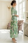 Rochie masuri mari Latisha din satin verde imprimat, maneci bufante si cordon