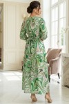 Rochie masuri mari Latisha din satin verde imprimat, maneci bufante si cordon