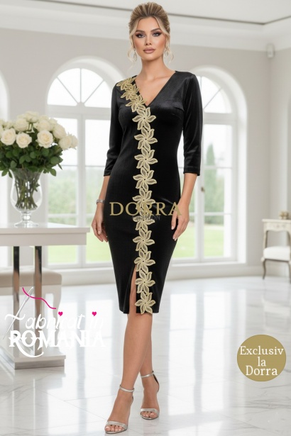 Rochie ocazie catifea neagra cu aplicatii aurii Lindsey