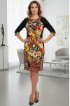 Rochie Lizzy cu croiala clepsidra, din jerse negru si imprimat