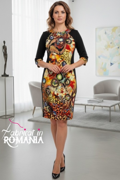 Rochie Lizzy cu croiala clepsidra, din jerse negru si imprimat
