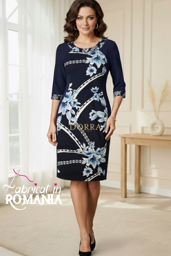 Rochie Lizzy cu croiala clepsidra, din jerse bleumarin si imprimat