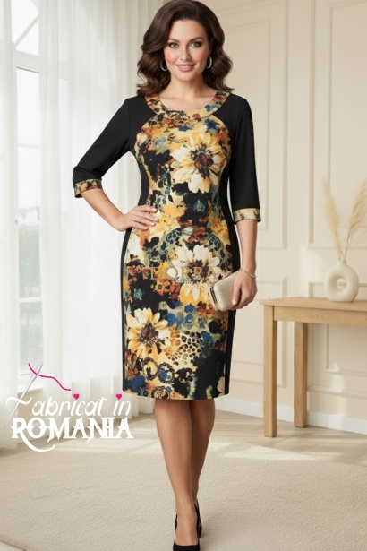 Rochie Lizzy cu croiala clepsidra, din jerse negru cu imprimeu floral