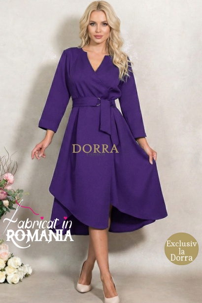 Rochie Marabou din stofa mov cu fusta asimetrica si pliuri in talie