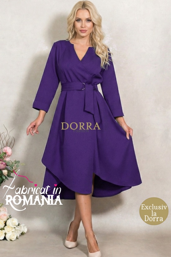 Rochie Marabou din stofa mov cu fusta asimetrica si pliuri in talie