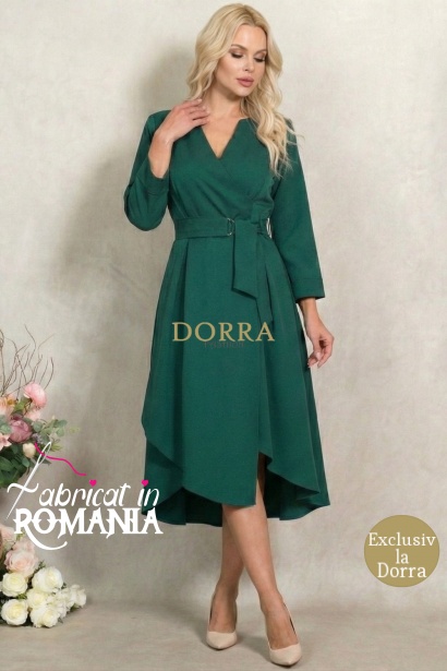 Rochie Marabou din stofa verde, cu fusta asimetrica si pliuri in talie