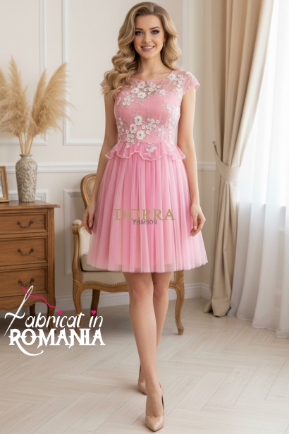 Rochie de ocazie Margarett din dantela brodata si tull roz