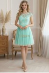 Rochie de ocazie Margarett din dantela brodata si tull vernil