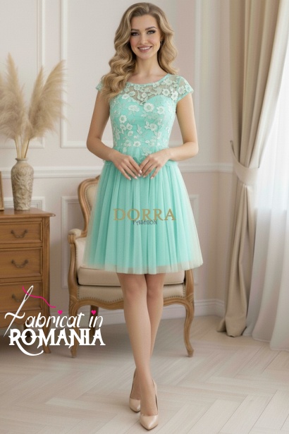 Rochie de ocazie Margarett din dantela brodata si tull vernil