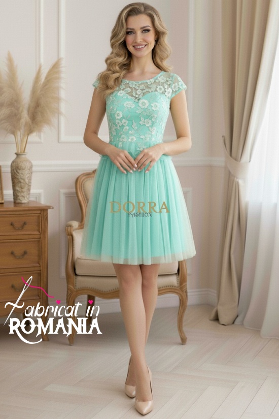 Rochie de ocazie Margarett din dantela brodata si tull vernil