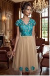 Rochie de ocazie Mariah din tull brodat turquoise si tull crem