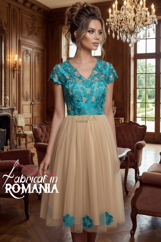 Rochie de ocazie Mariah din tull brodat turquoise si tull crem