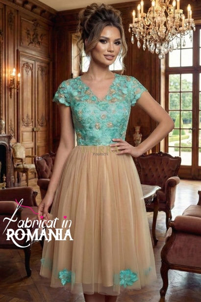 Rochie de ocazie Mariah din tull brodat vernil si tull crem