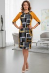 Rochie Maribel cu croiala clepsidra, din jerse galben mustar si imprimeu geometric