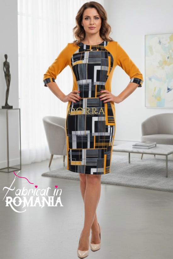 Rochie Maribel cu croiala clepsidra, din jerse galben mustar si imprimeu geometric