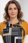 Rochie Maribel cu croiala clepsidra, din jerse galben mustar si imprimeu geometric