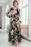 Rochie Mikaela din voal negru cu flori roz/turquoise, cu pieptii petrecuti si cordon