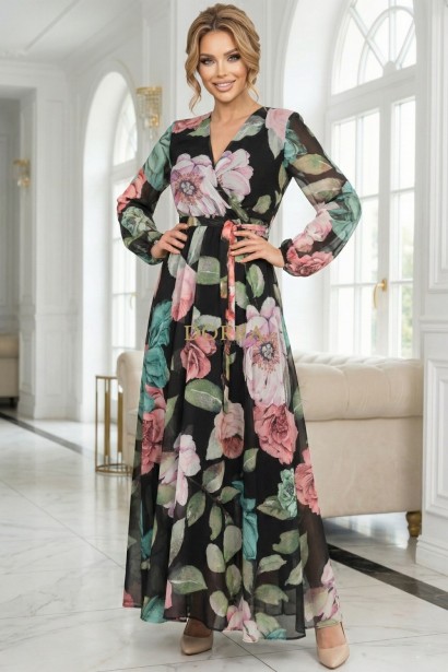 Rochie Mikaela din voal negru cu flori roz/turquoise, cu pieptii petrecuti si cordon