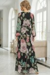Rochie Mikaela din voal negru cu flori roz/turquoise, cu pieptii petrecuti si cordon