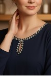 Rochie Monicca bleumarin cu strass-uri la decolteu si curea