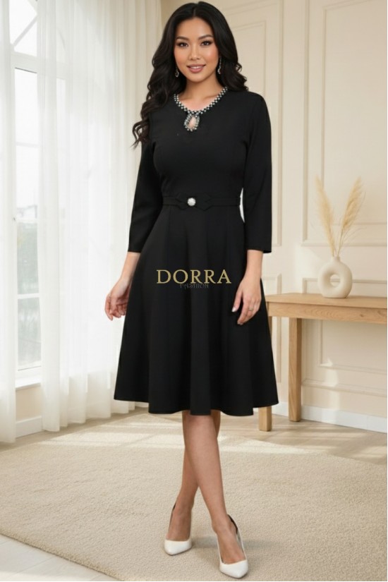 Rochie Monicca neagra cu strass-uri la decolteu si curea