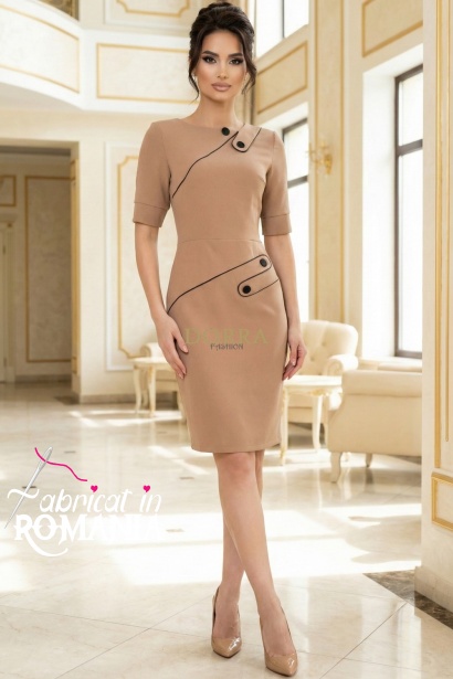 Rochie Nicoleta bej din jerse plin, cu vipusca neagra si nasturi decorativi