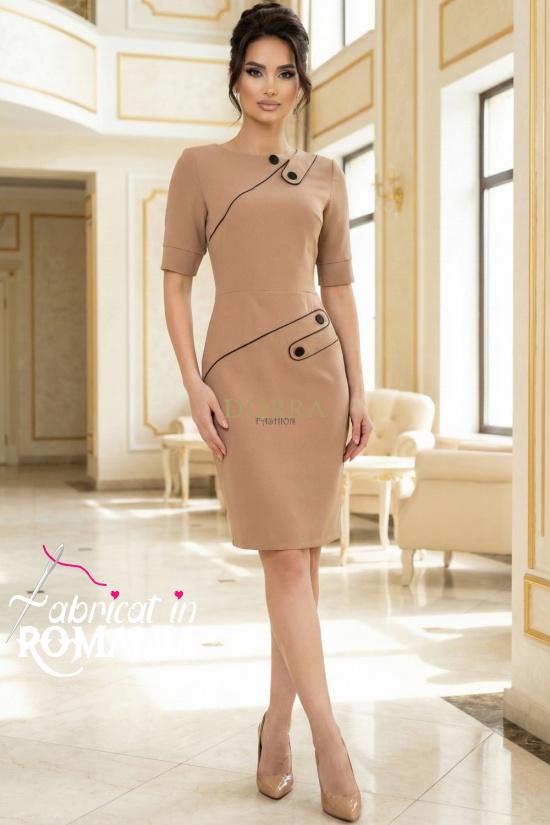 Rochie Nicoleta bej din jerse plin, cu vipusca neagra si nasturi decorativi