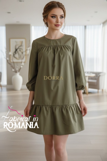 Rochie Noelle din bumbac kaki cu croiala larga si volan