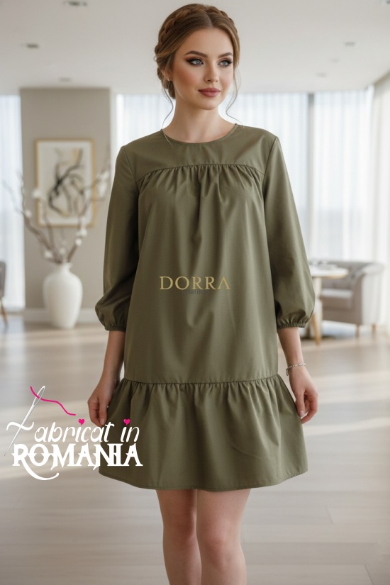 Rochie Noelle din bumbac kaki cu croiala larga si volan