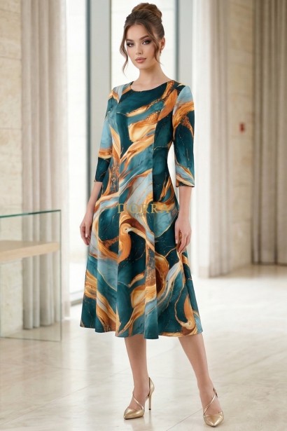 Rochie de zi Oliveira din barbie cu imprimeu abstract verde-caramel, mâneci 3/4, croială lejeră