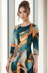 Rochie de zi Oliveira din barbie cu imprimeu abstract verde-caramel, mâneci 3/4, croială lejeră