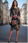 Rochie Palloma cu croiala usor cambrata, gri inchis cu rosu, maneca 3/4 si buzunare