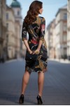 Rochie Palloma cu croiala usor cambrata, gri inchis cu rosu, maneca 3/4 si buzunare
