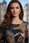 Rochie Palloma cu croiala usor cambrata, gri inchis cu rosu, maneca 3/4 si buzunare