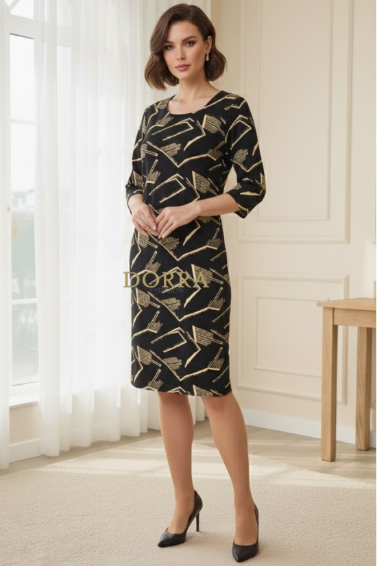 Rochie Palloma cu croiala usor cambrata, imprimeu galben, maneca 3/4 si buzunare