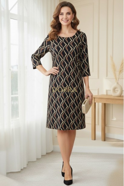 Rochie Palloma cu croiala usor cambrata, imprimeu romburi, maneca 3/4 si buzunare