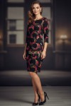 Rochie Palloma cu croiala usor cambrata, imprimeu frunze rosii, maneca 3/4 si buzunare