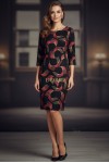 Rochie Palloma cu croiala usor cambrata, imprimeu frunze rosii, maneca 3/4 si buzunare