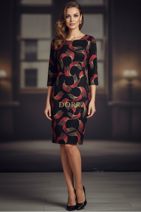 Rochie Palloma cu croiala usor cambrata, imprimeu frunze rosii, maneca 3/4 si buzunare