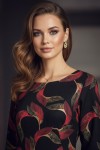 Rochie Palloma cu croiala usor cambrata, imprimeu frunze rosii, maneca 3/4 si buzunare