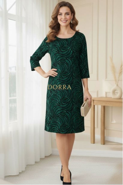 Rochie Palloma cu croiala usor cambrata, imprimeu verde inchis, maneca 3/4 si buzunare