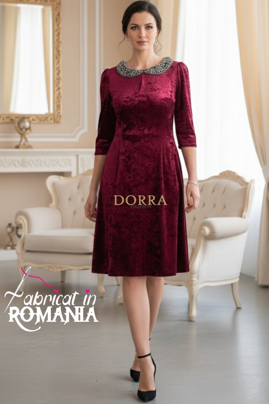 Rochie Rossa din catifea grena, cu guler aplicat si maneca 3/4