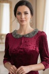 Rochie Rossa din catifea grena, cu guler aplicat si maneca 3/4