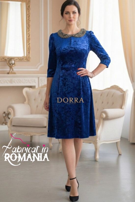 Rochie Rossa din catifea albastra, cu guler aplicat si maneca 3/4