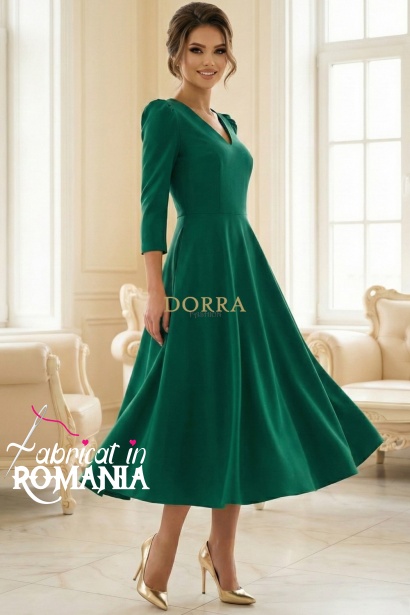 Rochie midi Sofia din barbie verde cu maneci bufante si buzunare